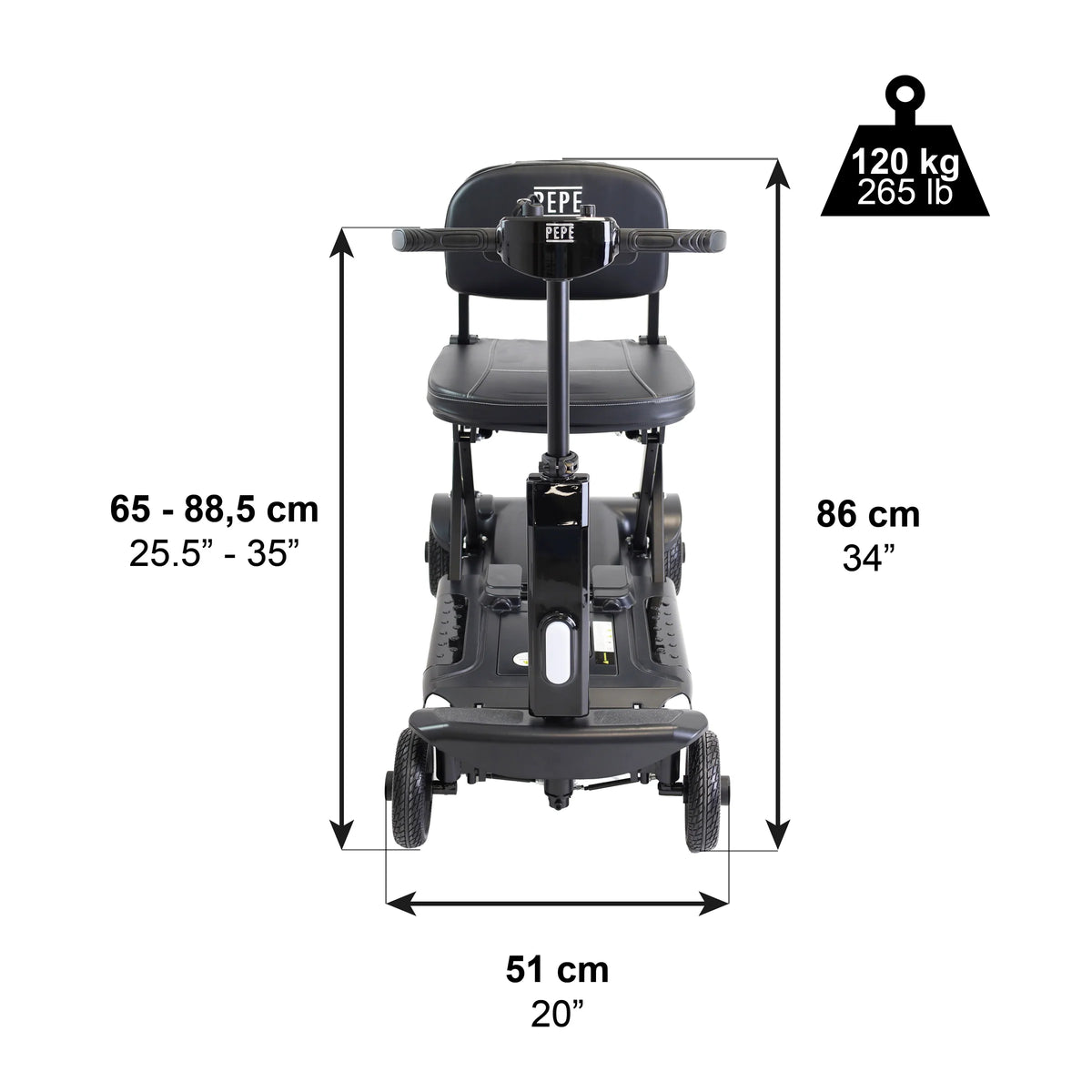 Vikbar promenadskoter vuxen PEPE svart med mått och viktinformation, 120 kg maximal användarvikt.