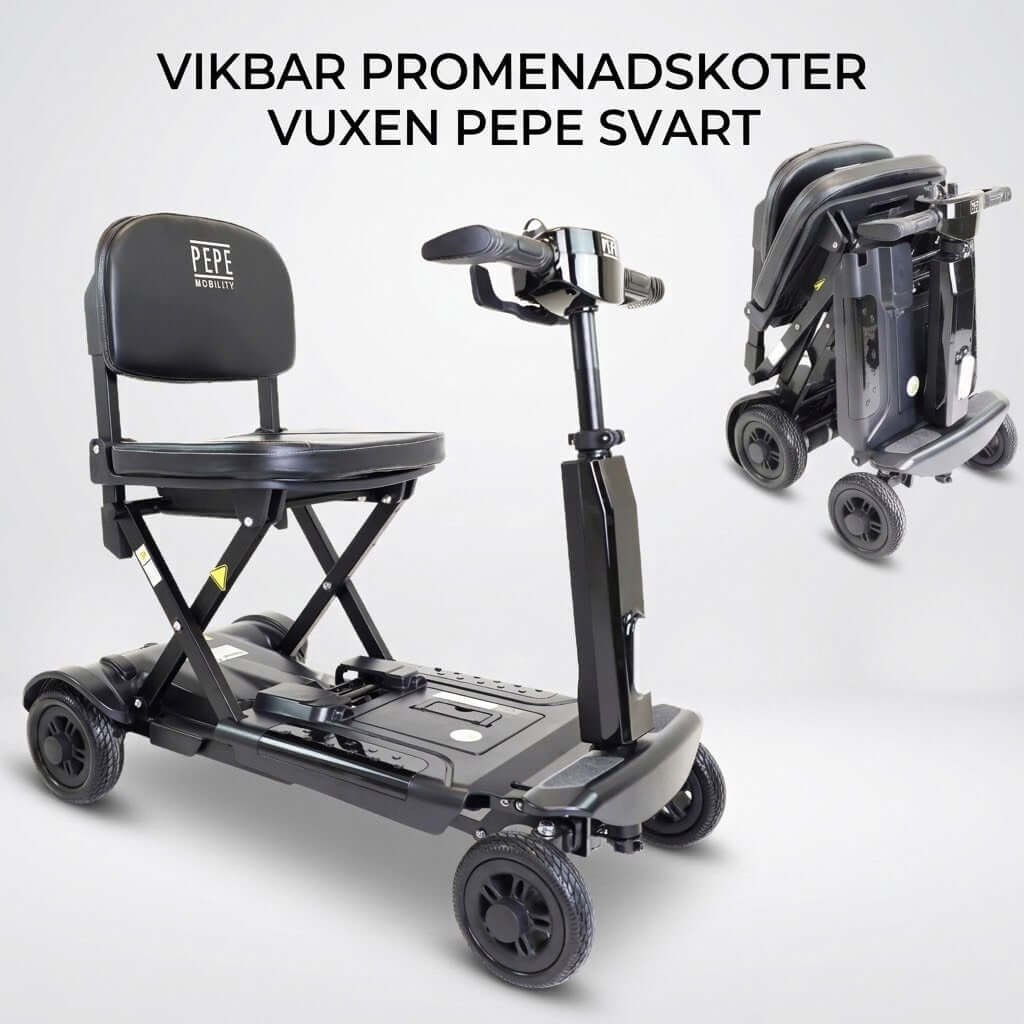 Vikbar promenadskoter vuxen PEPE svart med hopfälld design och justerbart styre.