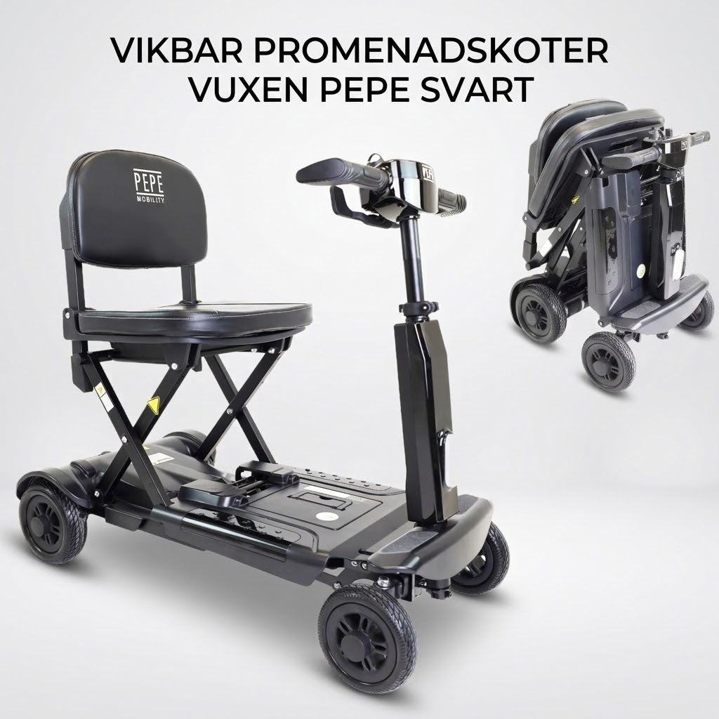 Vikbar promenadskoter vuxen PEPE svart med hopfälld design och justerbart styre.
