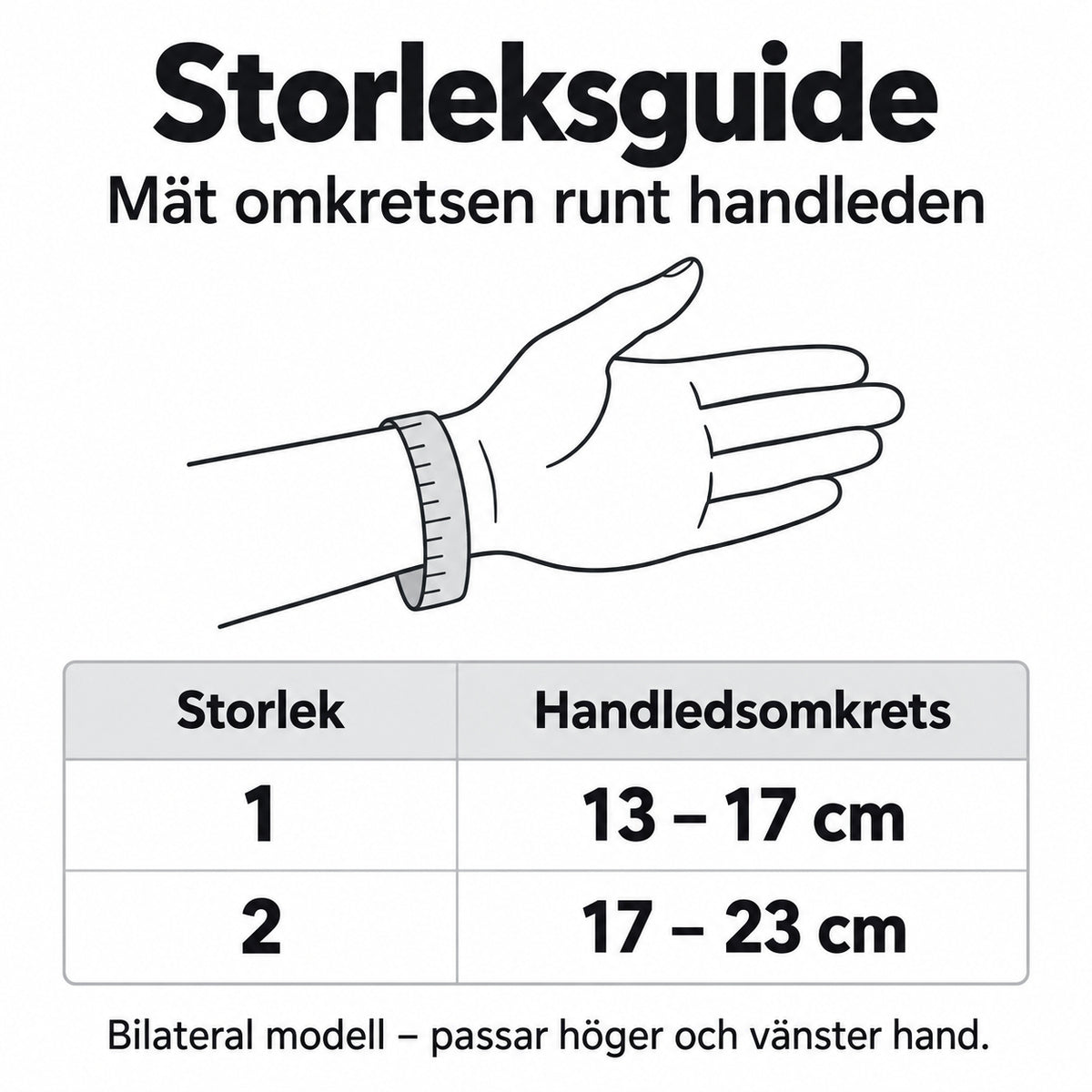 Storleksguide för Handledsortos Ligaflex Pro, mått för handledsomkrets och storlekar.
