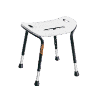 Height-adjustable shower stool Let's Sing with non-slip rubber feet and a bowl-shaped seat in a white design.