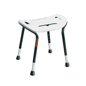 Height-adjustable shower stool Let's Sing with non-slip rubber feet and a bowl-shaped seat in a white design.