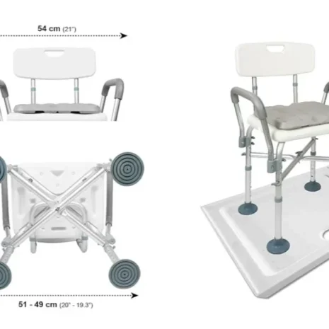 Ergonomisk duschstol för trygg hygien Duschstol med sits och vadderade armstöd sedd snett framifrån