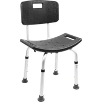 Shower chair with black plastic backrest and adjustable aluminum legs with rubber feet.
