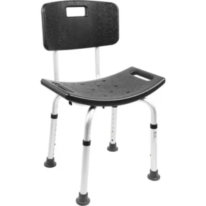 Shower chair with black plastic backrest and adjustable aluminum legs with rubber feet.