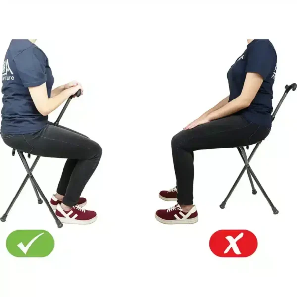Illustration of correct and incorrect sitting position on a cane with seat