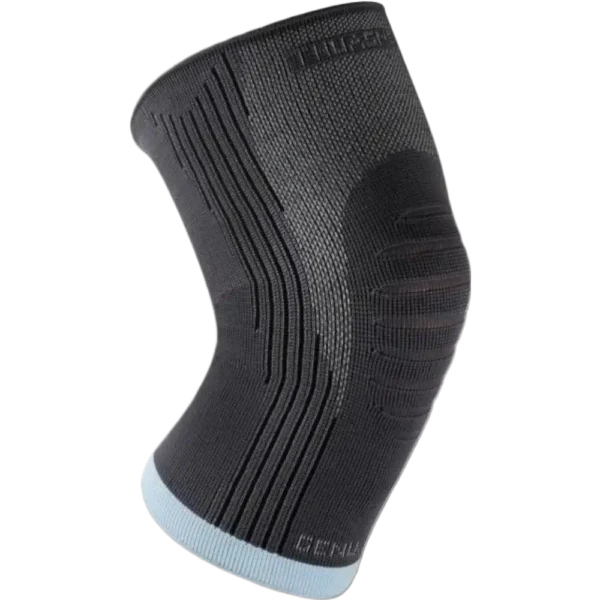 Black knee pads with blue edges in exposed product image