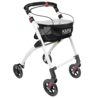 Narrow profile rollator with large front wheels and fabric basket.