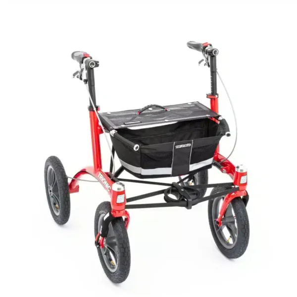 a red walker with black basket