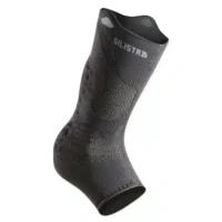 Exposed product image of black ankle support with blue edge, anatomically shaped