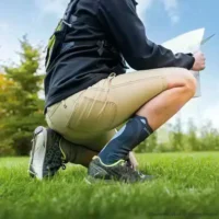 Person with ankle brace squatting outdoors with focus on ankle freedom of movement