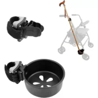 Cane holder in black plastic with Velcro fasteners, mounted on a rollator, with a cane placed in the holder.