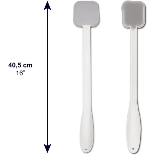 Several images showing the lotion applicator with dimensions, replaceable sponge pads and how it is used on the back.