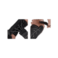 Two images of a wrist brace in black with lacing and adjustable straps.