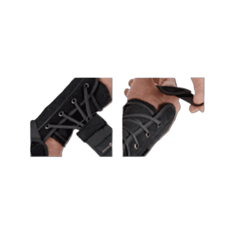 Handledsortos med snörning – justerbar passform Två bilder av handledsortos i svart med snörning och justerbara remmar.