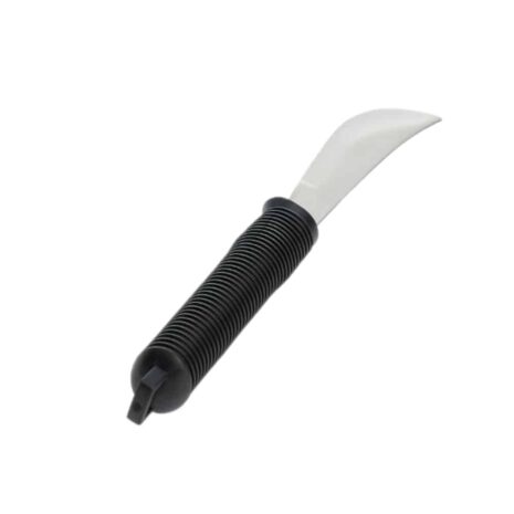 Ergonomisk matkniv med böjt blad och halkfritt svart handtag