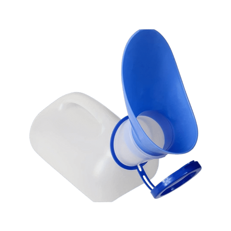 Urinflaska med öppet lock Urinflaska unisex med öppen tratt och lock i uppfällt läge