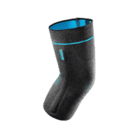 Knee pads and knee supports in black material with blue details for stability and pain relief