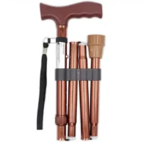 Foldable walking stick in bronze-black aluminum with hand strap and plastic dip shoe