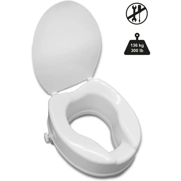 Toilet seat raiser with lid 10 cm – white model with side brackets and maximum weight 136 kg