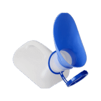 Unisex urine bottle seen from the side with open funnel and lid