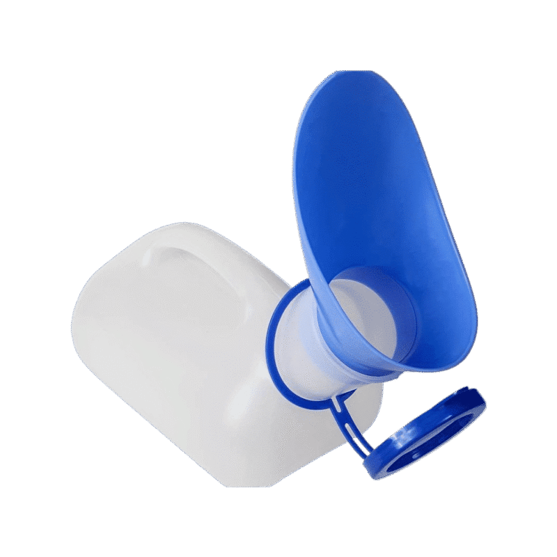 Urinflaska unisex sedd från sidan med öppen tratt och lock