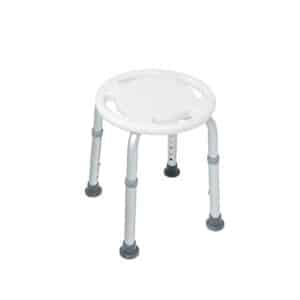 Shower stool with handle and adjustable height - round white seat and gray non-slip legs