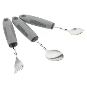 Easy-to-grip cutlery set with ergonomic handles - fork, small spoon and large spoon in gray.