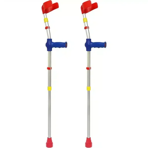 a pair of crutches with red and blue handles