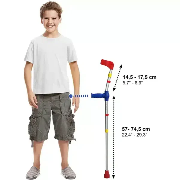 Child next to colorful crutch with marked height measurements