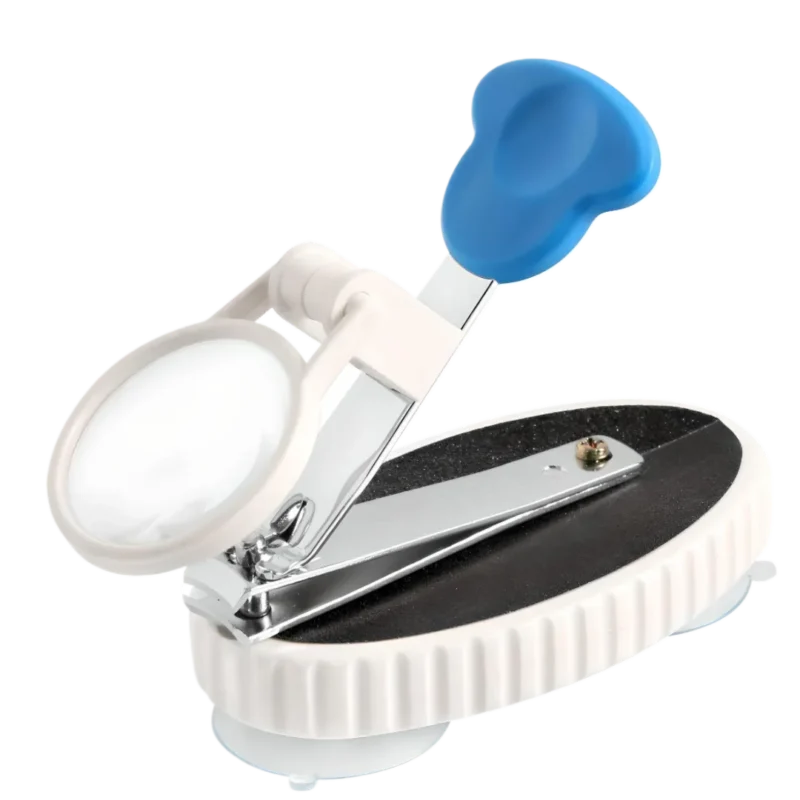 nagelklippare med förstoringsglas. a white and blue device with a blue handle
