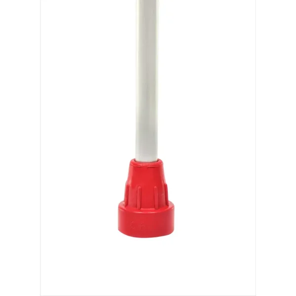 The image shows a close-up of a child's hand holding the ergonomic handle of a crutch. The armrest is adjustable and provides extra stability when walking.