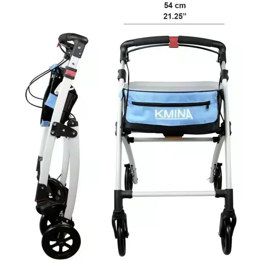 Hopfällbar smal rollator med blå korg visad från sidan i hopfällt läge och framifrån med breddangivelse 54 cm.