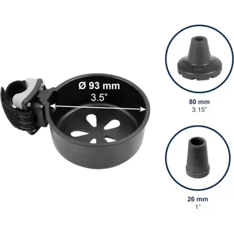 Passar käppar upp till 93 mm Närbild på käpphållare med diameterangivelse och exempel på olika käppstorlekar.