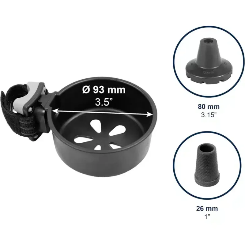 Passar käppar upp till 93 mm Närbild på käpphållare med diameterangivelse och exempel på olika käppstorlekar.