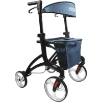 Modern adjustable rollator with four large wheels, padded backrest and practical basket at the front, in black and blue design.