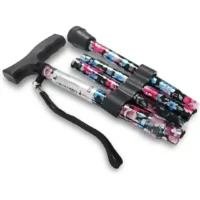 Foldable walking stick with floral pattern, black handle and wrist strap