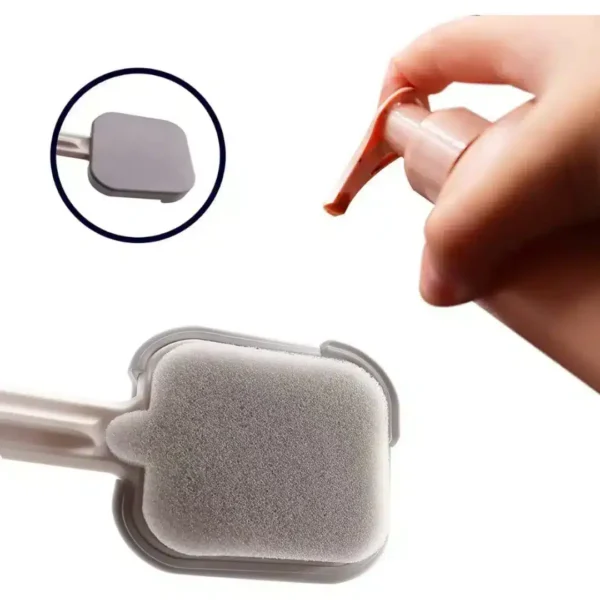 Close-up of lotion applicator with soft sponge where a hand applies lotion to the sponge.