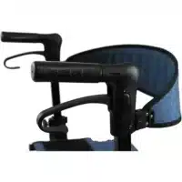Detail of the blue backrest and ergonomic handles on the rollator.
