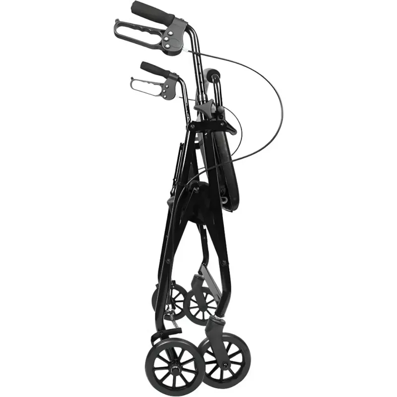 Hopfälld rollator med 4 hjul i sidovy Hopfälld rollator med 4 hjul i svart aluminium sedd från sidan i upprätt förvaringsläge.