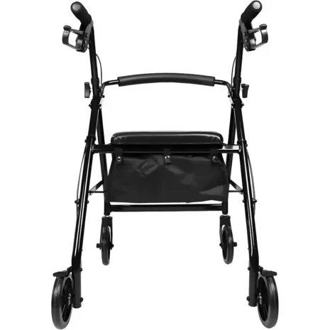 Hopfällbar rollator med 4 hjul framifrån. Hopfällbar rollator med 4 hjul i svart aluminium sedd framifrån med sits, ryggstöd och förvaringskorg.
