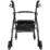 Hopfällbar rollator med 4 hjul i svart aluminium sedd framifrån med sits, ryggstöd och förvaringskorg.
