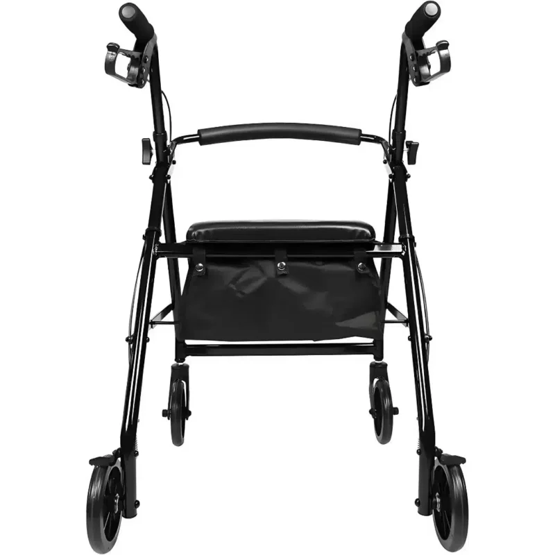 Hopfällbar rollator med 4 hjul framifrån. Hopfällbar rollator med 4 hjul i svart aluminium sedd framifrån med sits, ryggstöd och förvaringskorg.