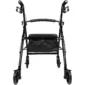 Hopfällbar rollator med 4 hjul i svart aluminium sedd framifrån med sits, ryggstöd och förvaringskorg.