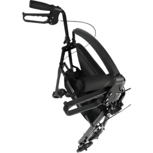 Hopfälld hopfällbar rollator med 4 hjul lättvikt i svart aluminium, kompakt för förvaring och transport.