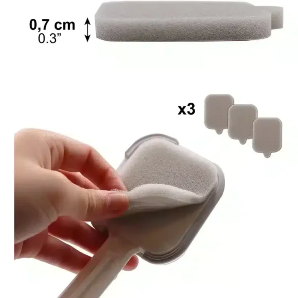 Woman uses lotion applicator with long handle to reach back and apply creams.