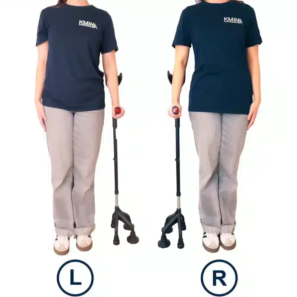 a woman standing with a cane