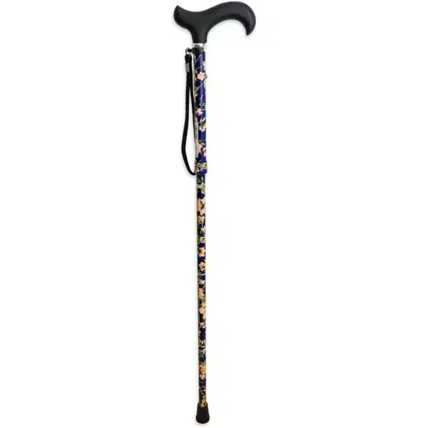 Blommig promenadkäpp i fullt utfällt läge med svart handtag