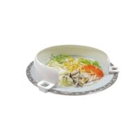 Plastic plate rim mounted on a porcelain plate with salad
