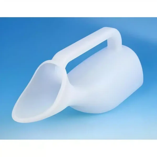 a white plastic urinal with a handle